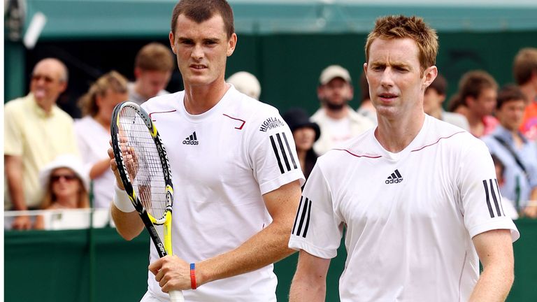 LONDON, ENGLAND - JUNE 24:  Jonathan Marray and Jamie Murray (L) of Great Britain in action during their doubles match.