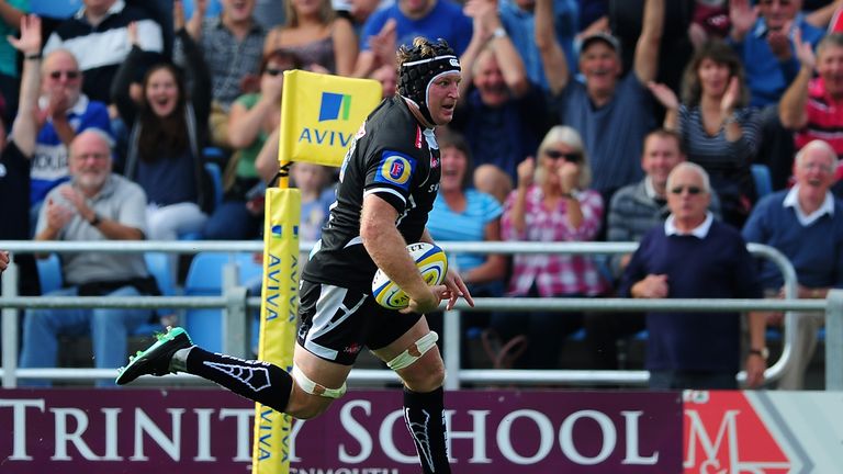 Thomas Waldrom of Exeter Chiefs goes over for the opening try during the Aviva Premiership match against Harlequins