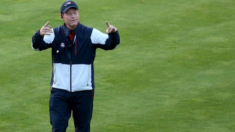 United States team captain Tom Watson leads the chorus on the first tee at Gleneagles