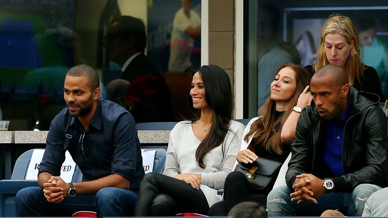 (L-R) Tony Parker, Axelle Francine, Andrea Rajacic and Thierry Henry at the US Open