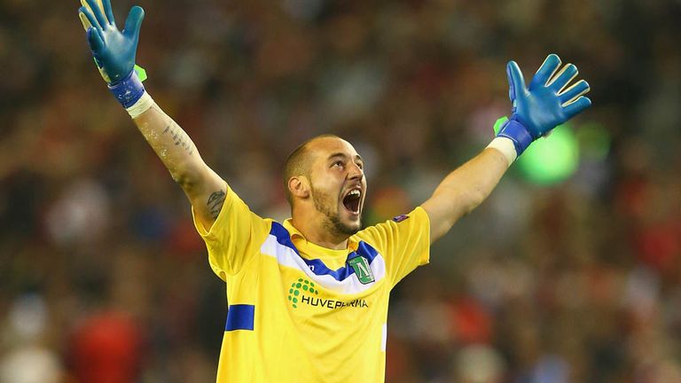 Milan Borjan of PFC Ludogorets Razgrad celebrates after they equalised to make it 1-1 during the UEFA Champions League G