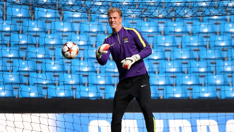 Joe Hart of Manchester City warms up during a training session at the Etihad Stadium 