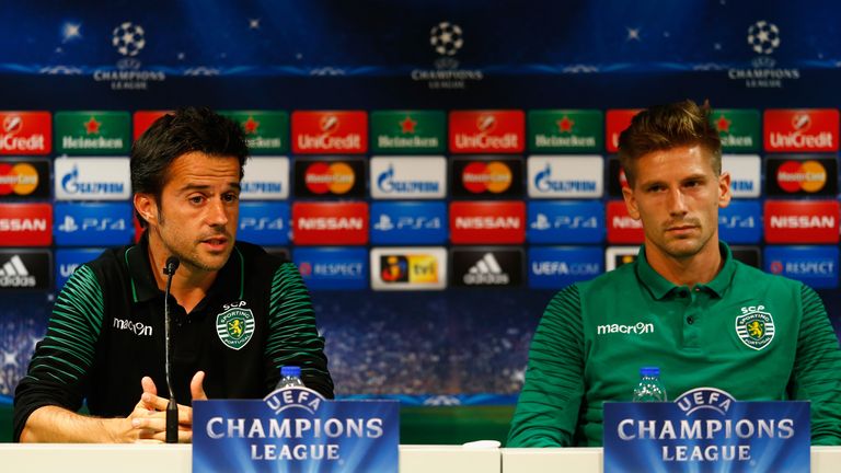 Marco Silva, coach of Sporting Lisbon and Adrien Silva talk to the media during a press conference ahead of the Champions League visit of Chelsea