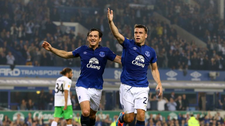 Seamus Coleman (R) of Everton celebrates with tLeighton Baines after scoring his team's second goal against Wolfsburg in the Europa League