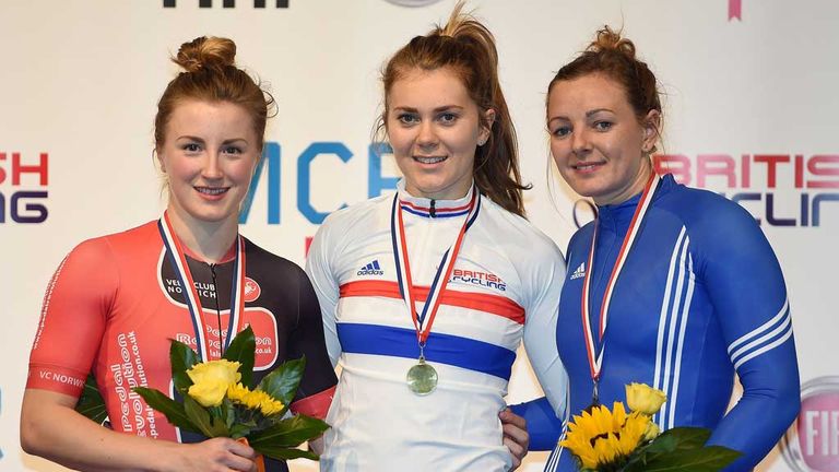 Jess Varnish (centre) with her gold medal, Victoria Williamson (left) with silver and Katy Marchant with bronze after the Women's 500m Time Trial.