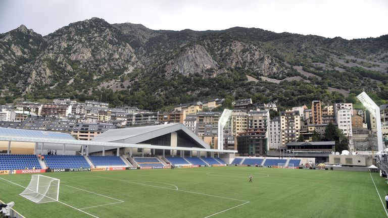 The new Municipal Stadium in Andorra during seen prior to the Euro 2016 qualifying round football match Andorra vs Wales on September 9, 2014.    AFP PHOTO