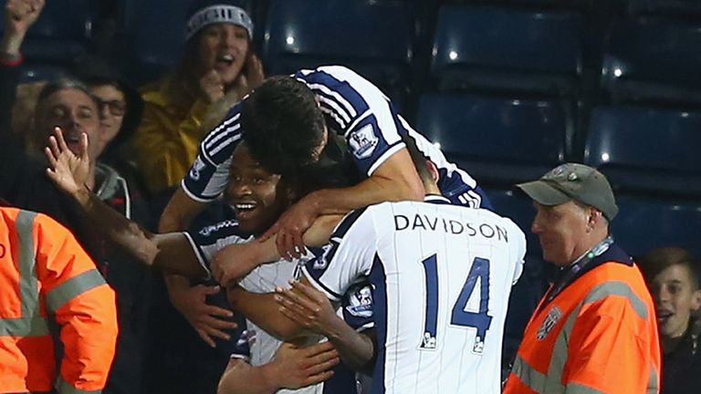 Saido Berahino of West Bromwich Albion is congratulated on his  goal during the Capital One Cup Third Round match