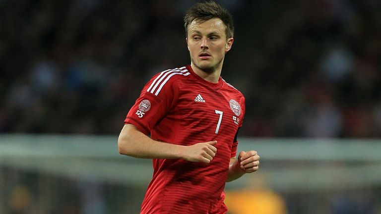 William Kvist wearing a Denmark shirt during a friendly against England at Wembley earlier this year
