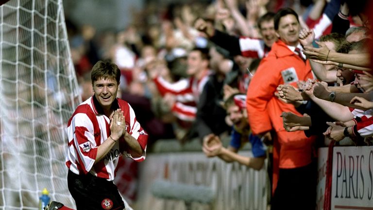16 May 1999:  Marian Pahars of Southampton celebrates his goal during the FA Carling Premiership match against Everton played at the Dell in Southampton, E