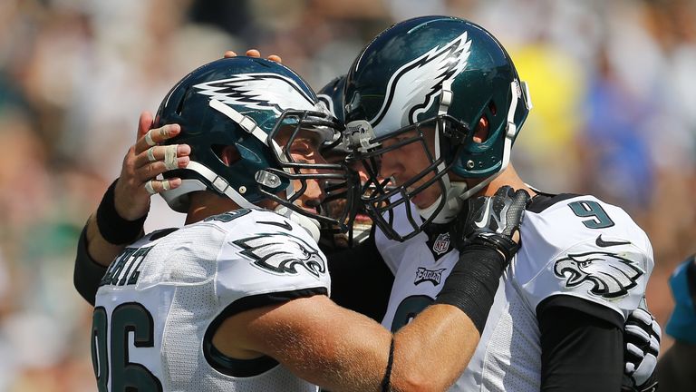 Zach Ertz (r) of the Philadelphia Eagles celebrates with Nick Foles after catching a 25-yard touchdown pass against Jacksonville Jaguars