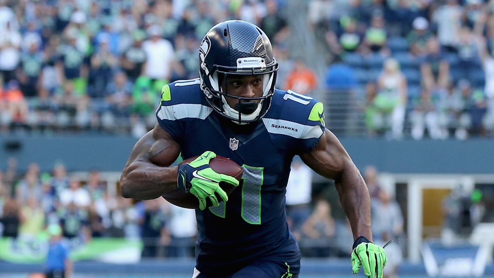 Wide Receiver Percy Harvin #11 of the Seattle Seahawks during pre-game warm  up.