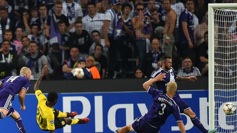 Dortmund's Adrian Ramos scores his second goal at Anderlecht