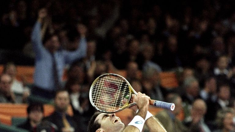 Alex Corretja celebrates his five set win over fellow Spaniard Carlos Moya in the final of the ATP Tour World Championships in 1998 in Hannover