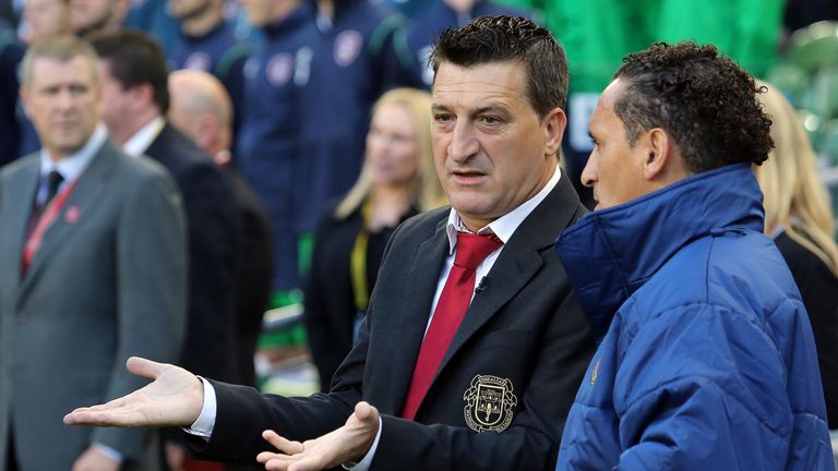 Gibraltar manager Allen Bula (2nd R) gestures during a UEFA 2016 European Championship qualifing football match away to the Republic of Ireland