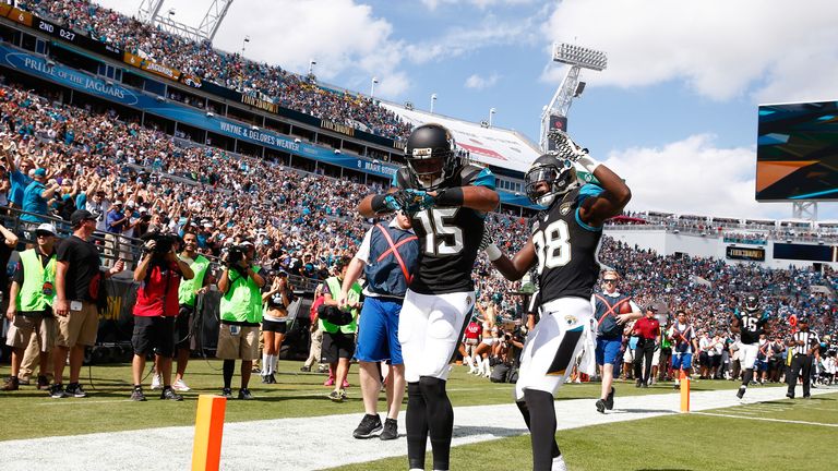 Allen Robinson of the Jacksonville Jaguars celebrates a touchdown during the game against the Cleveland Browns