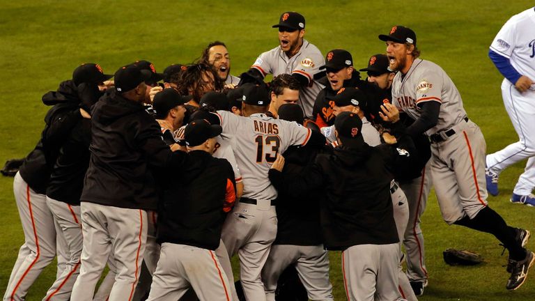 The San Francisco Giants celebrate after defeating the Kansas City Royals to win 2014 World Series