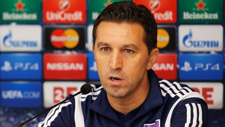 Manager / Head Coach, Besnik Hasi speaks to the media during the R.S.C. Anderlecht Press Conference