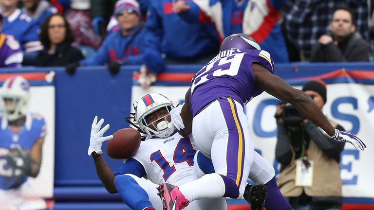 Buffalo Bills' Sammy Watkins fails to make the reception as  Xavier Rhodes of the Minnesota Vikings defends