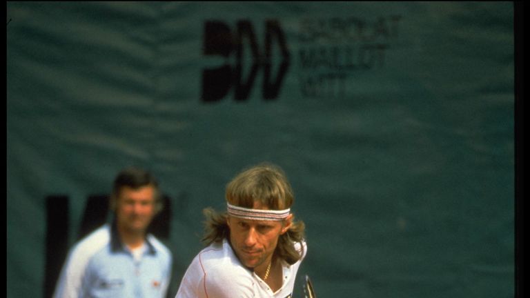 MAY 1982:  BJORN BORG OF SWEDEN HITS A BACKHAND DURING THE FRENCH OPEN AT THE STADE ROLAND GARROS IN PARIS.