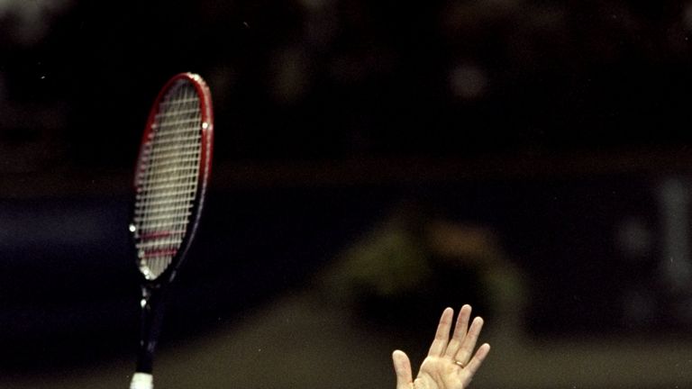 Boris Becker of Germany celebrates after his victory in the ATP Tour World Championships in Frankfurt in 1995