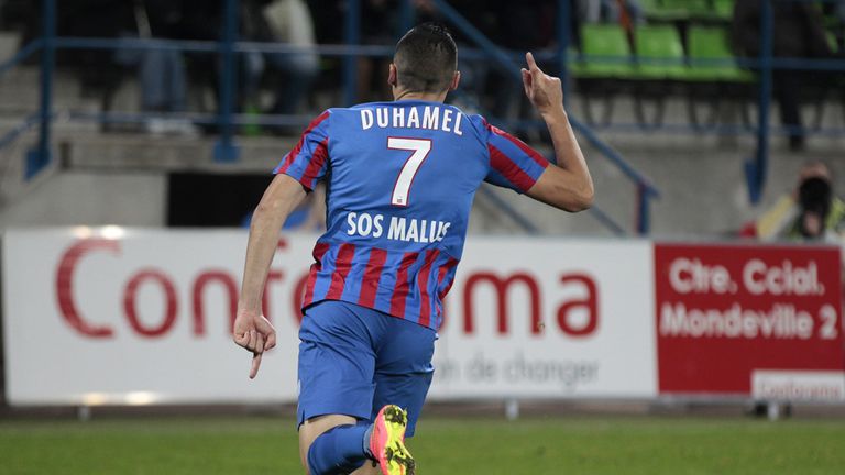 Caen forward Mathieu Duhamel celebrates