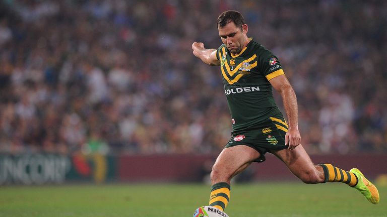 Cameron Smith of Australia kicks a conversion attempt during the Four Nations