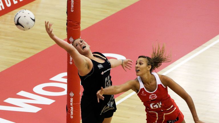 Cathrine Latu of New Zealand and Geva Mentor of England compete for the ball during game two of the Internatio