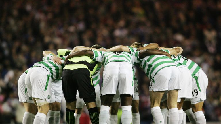 GLASGOW, SCOTLAND - NOVEMBER 10:  Celtic players in a huddle prior to the CIS Insurance Cup fourth round between Celtic and Rangers at Ibrox on November 10
