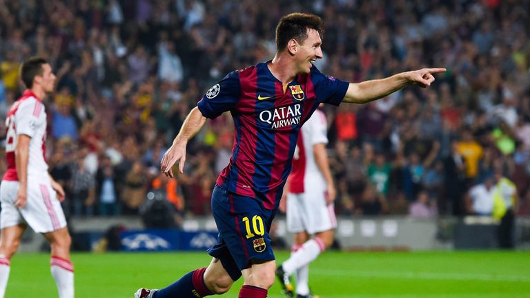 Lionel Messi celebrates after adding to his Champions League tally