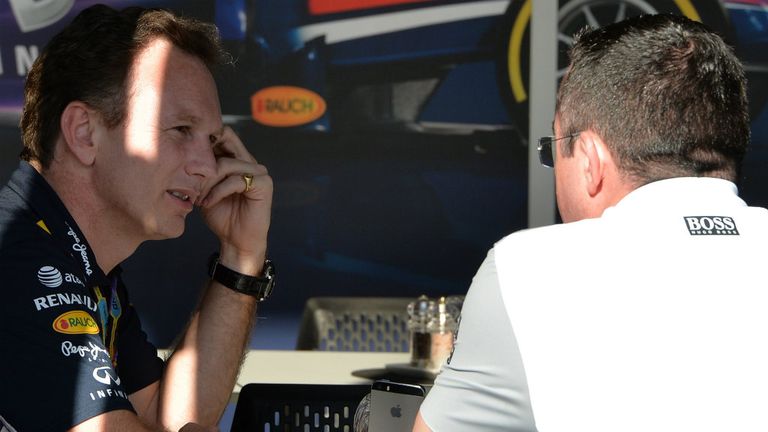 Red Bull's Christian Horner chats to McLaren's Eric Boullier