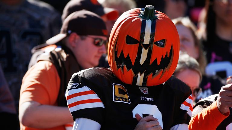 A Cleveland Browns fan looks on during the game against the Pittsburgh Steelers at FirstEnergy Stadium