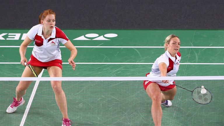 (L-R) Lauren Smith and Gabby Adcock of England play a shot during their Mixed Team Group Play match against Jersey