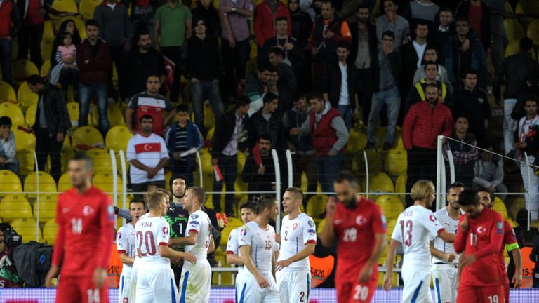 Czech Republic's players celebrate after winning  the UEFA Euro 2016 Group A qualifying football match Turkey vs Czech Republic in Istanbul