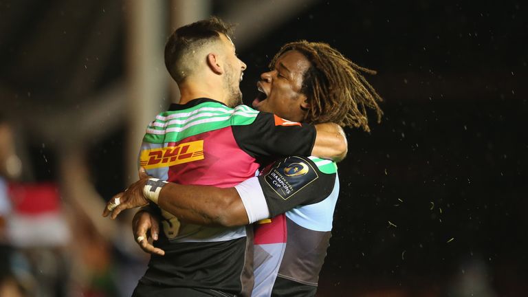 Danny Care of Harlequins celebrates with team-mate Marland Yarde after scoring a try in the European Rugby Champions Cup against Castres