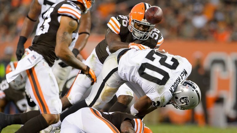 Darren McFadden #20 of the Oakland Raiders loses the ball against the Cleveland Cavaliers