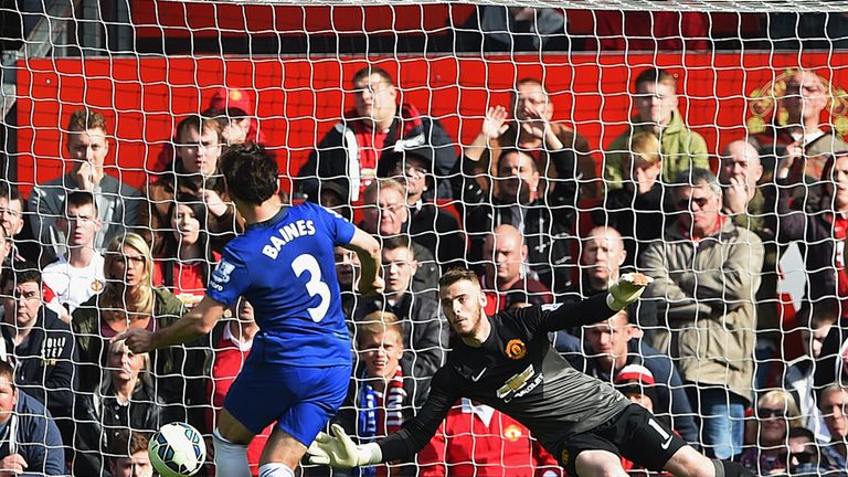 David de Gea saved this penalty from Leighton Baines just before half-time