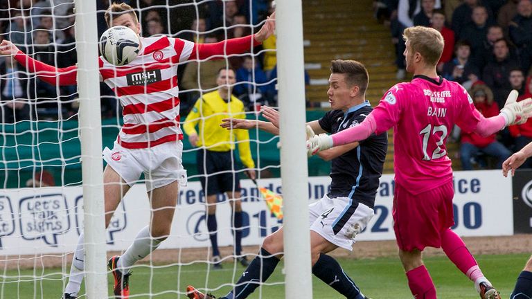 Hosts Dundee survive another Hamilton attack at Dens Park with keeper Scott Bain (12) relieved to see the ball fly wide of the post