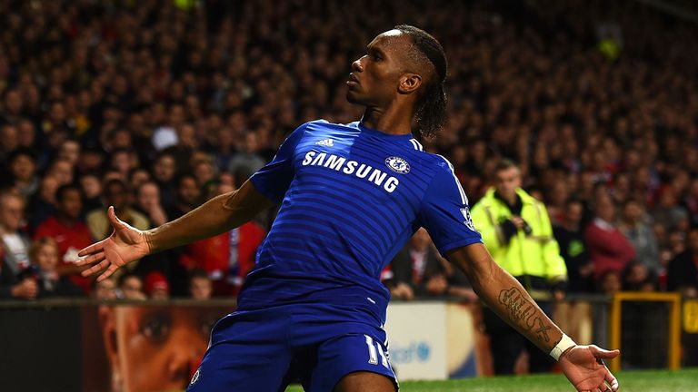 Didier Drogba celebrates scoring at Old Trafford