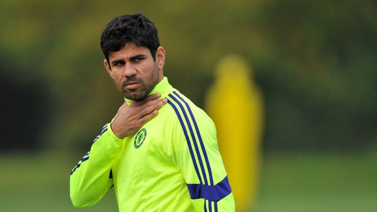 Chelsea's Spanish striker Diego Costa attends training ahead of their UEFA Champions League, group G football match against Schalke 04 at Chelsea's trainin
