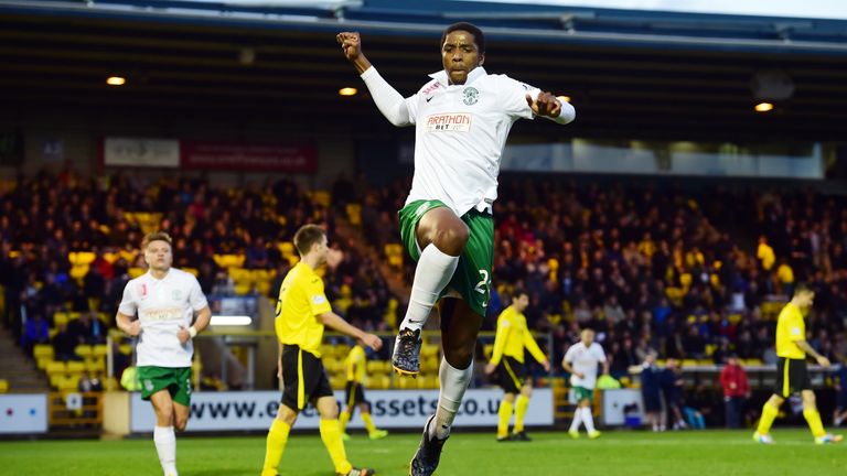 SCOTTISH CHAMPIONSHIP.LIVINGSTON v HIBERNIAN.ENERGY ASSESTS ARENA - LIVINGSTON.Hibernian's Dominique Malonga celebrates after opening up the scoreline