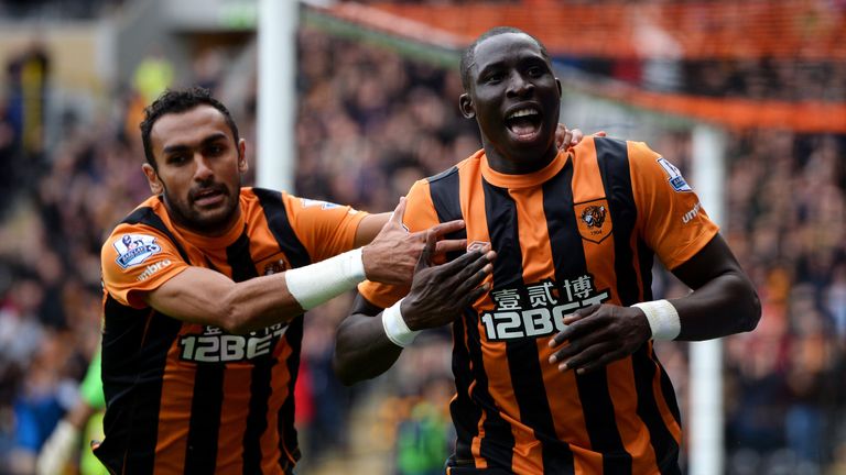 Mohamed Diame of Hull City celebrates with team-mate Ahmed Elmohamady after scoring the opening goal