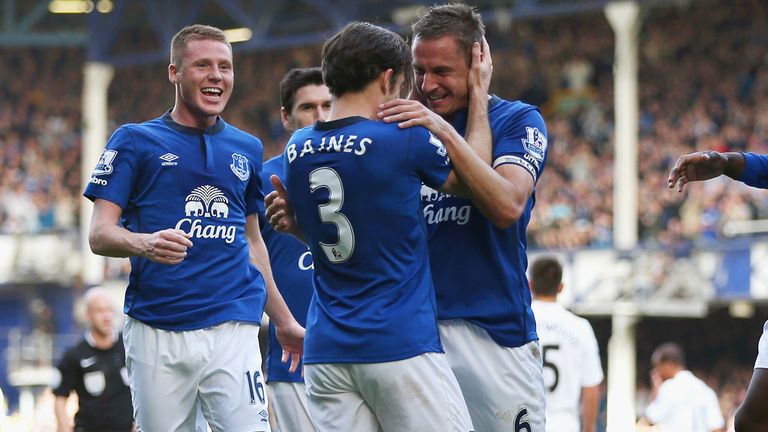 Phil Jagielka of Everton celebrates with team mates after scoring the opening goal during the Barclays Premier League mat