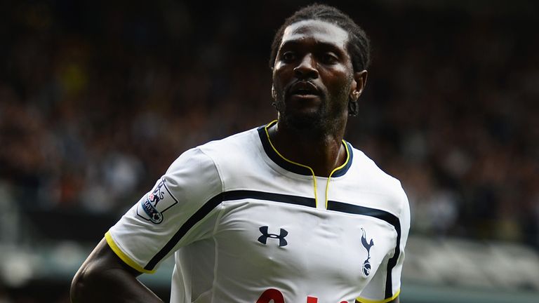 Emmanuel Adebayor of Spurs turns away after scoring his goal during the Barclays Premier League match between Tottenham Hotspur and West Brom.