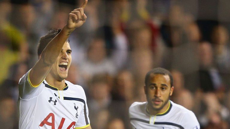 Erik Lamela of Spurs celebrates scoring the opening goal with Andros Townsend of Spurs  during the Capital One Cup Fourth Round