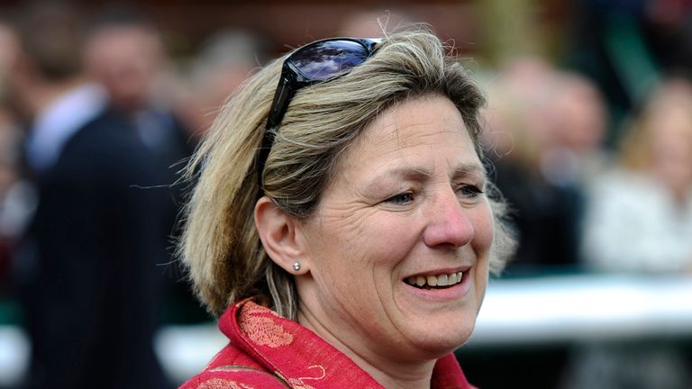 HAYDOCK, ENGLAND - MAY 28:  Trainer Eve Johnson Houghton reacts after The Cheka (her first ever 'Group' winner) won the Timeform Jury Stakes at Haydock rac