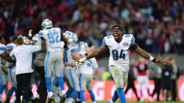 Ezekiel Ansah #94 of the Detroit Lions celebrates victory at Wembley