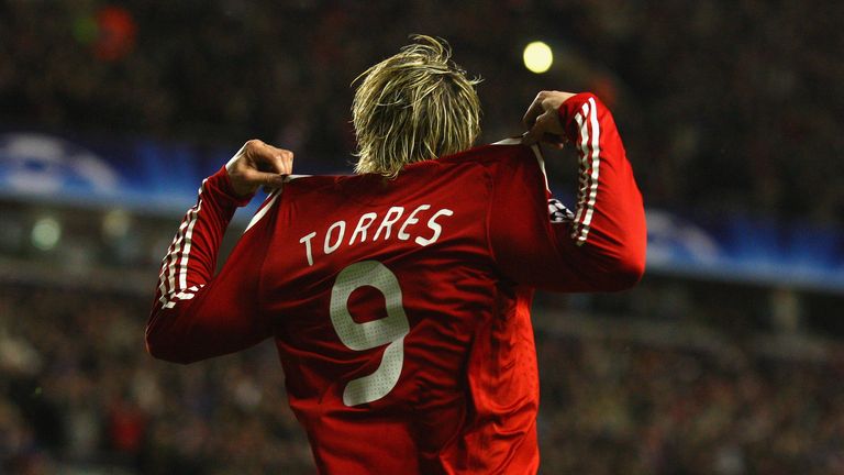 LIVERPOOL, UNITED KINGDOM - MARCH 10:  Fernando Torres of Liverpool celebrates scoring the opening goal during the UEFA Champions League Round of Sixteen, 