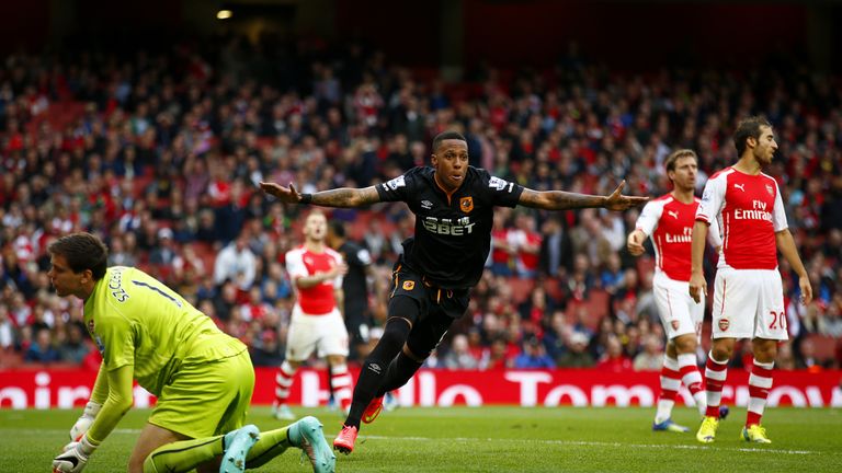 Abel Hernandez celebrates after putting Hull ahead to make it 1-2