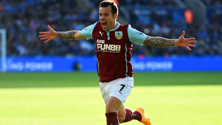 Ross Wallace of Burnley celebrates as he scores their second and equalising goal against Leicester City