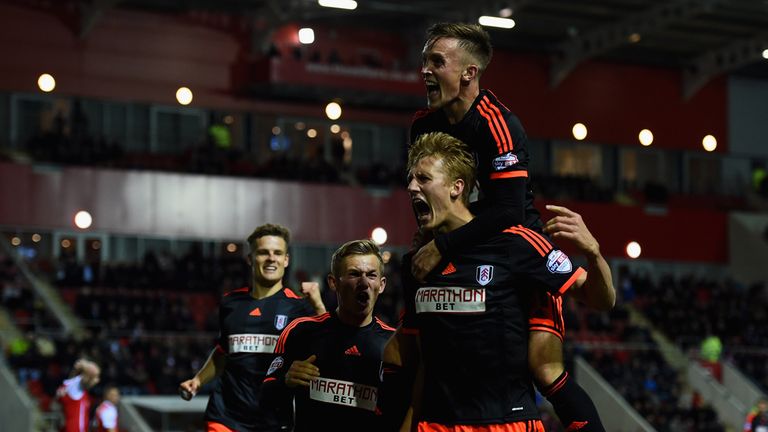 Dan Burn Fulham celebrates scoring his side's third goal at Rotherham United